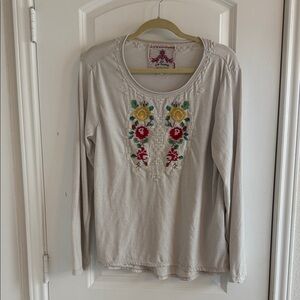 Cream colored Johnny Was long sleeve t shirt. Embroidery and cross hatch.
